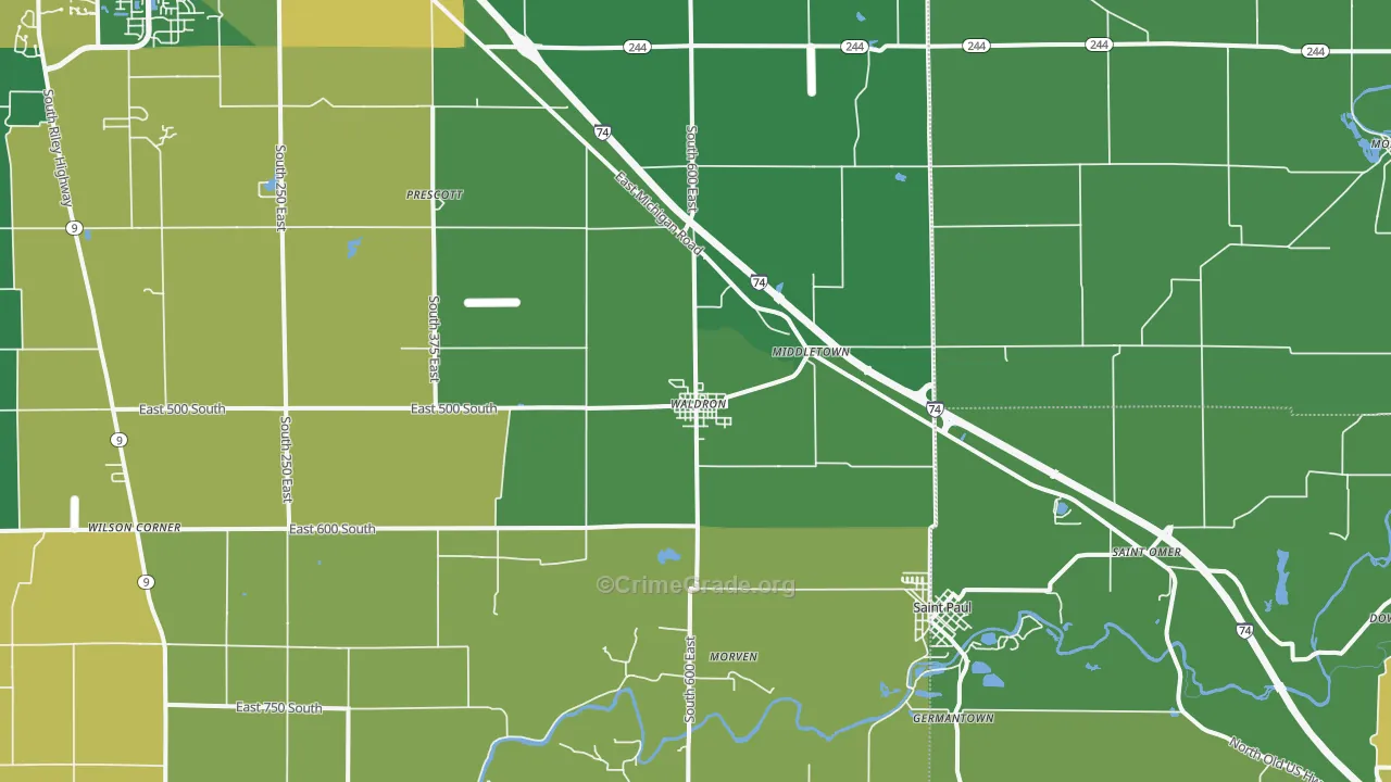 Waldron, IN Map of Vehicle Theft Rates