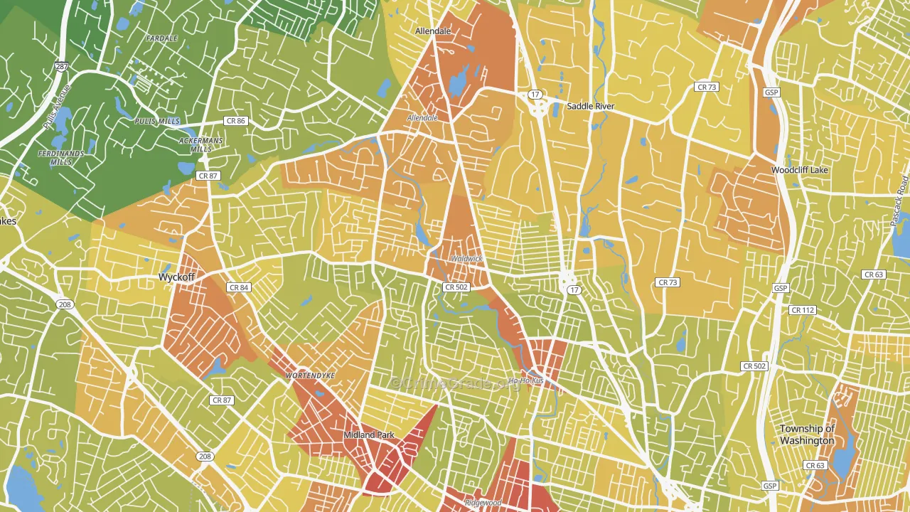 Waldwick, NJ Map of Vehicle Theft Rates