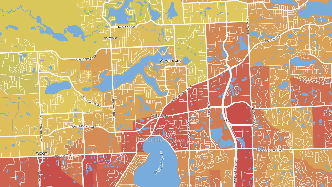 Walled Lake, MI Map of Vehicle Theft Rates