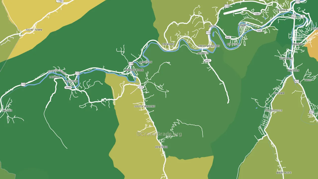 Wallins Creek, KY Map of Vehicle Theft Rates