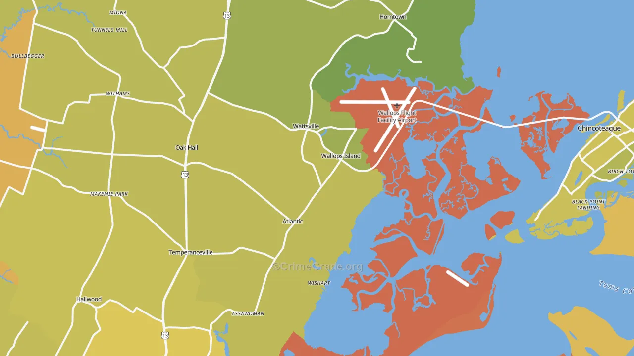 Wallops Island, VA Map of Vehicle Theft Rates