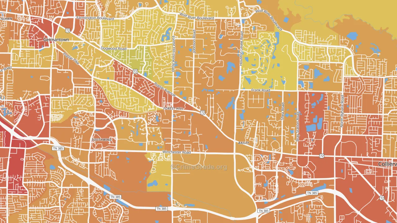 Walnut Grove - Shelby Farms PD, Germantown, TN Map of Vehicle Theft Rates