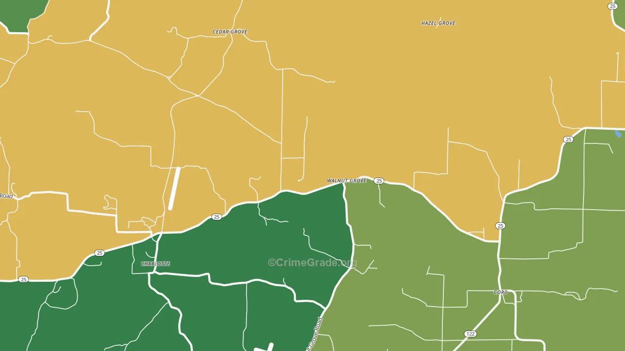 Walnut Grove, AR Map of Vehicle Theft Rates