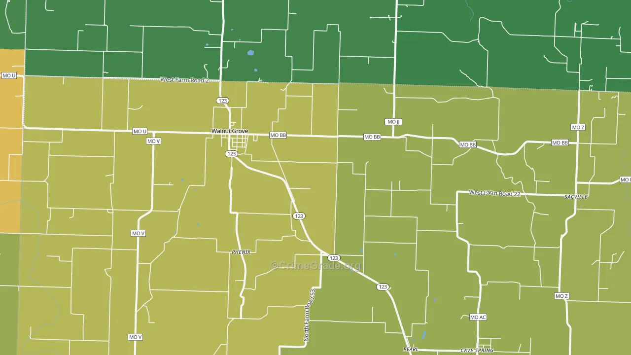 Walnut Grove, MO Map of Vehicle Theft Rates
