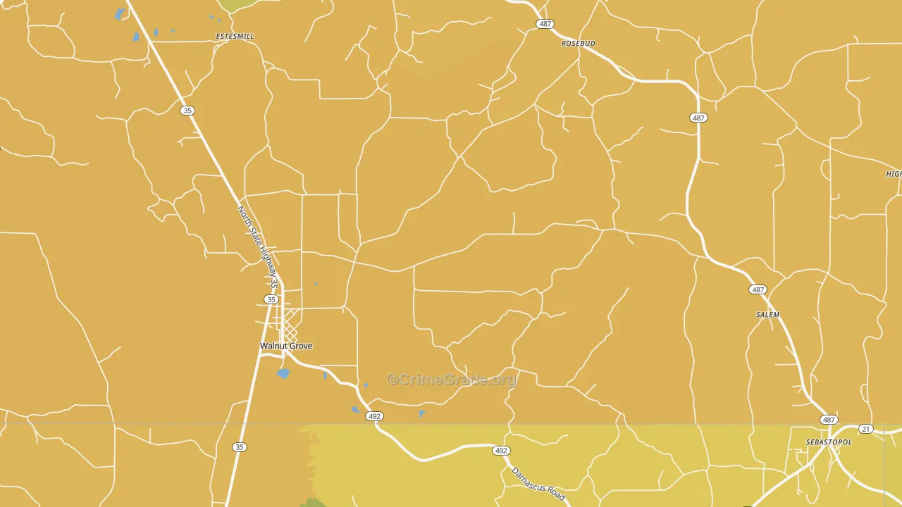 Walnut Grove, MS Map of Vehicle Theft Rates