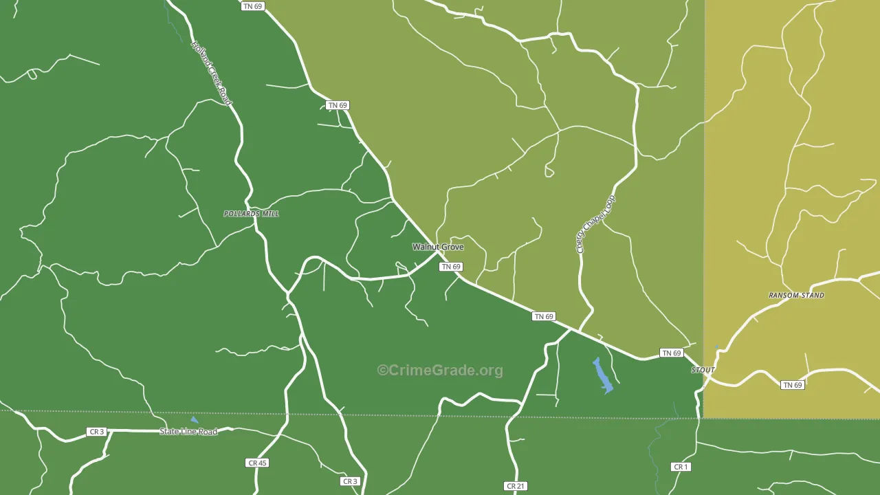 Walnut Grove, TN Map of Vehicle Theft Rates
