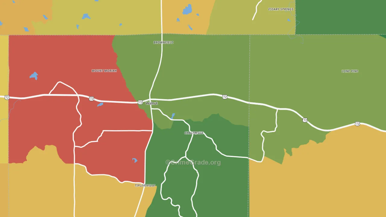 Walnut, MS Map of Vehicle Theft Rates