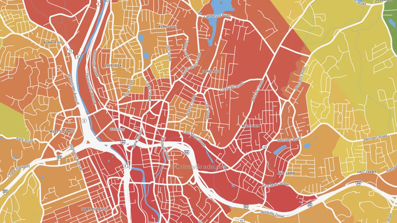 Walnut Orange Walsh, Waterbury, CT Map of Vehicle Theft Rates