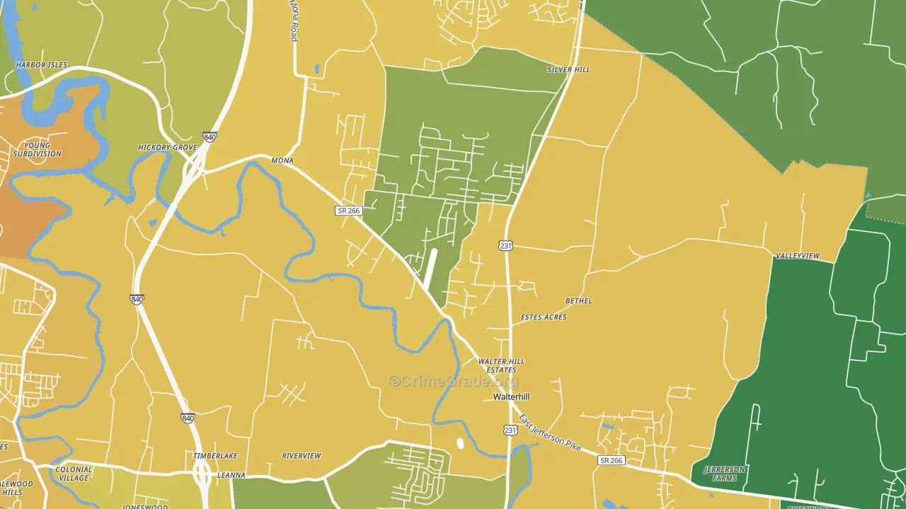 Walterhill, TN Map of Vehicle Theft Rates