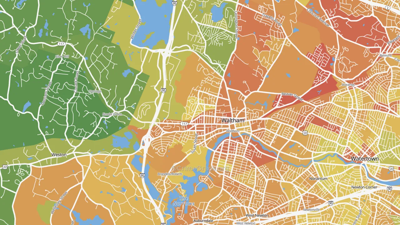 Waltham Highlands, Waltham, MA Map of Vehicle Theft Rates