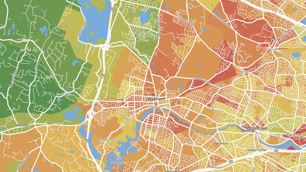 Waltham, MA Map of Vehicle Theft Rates