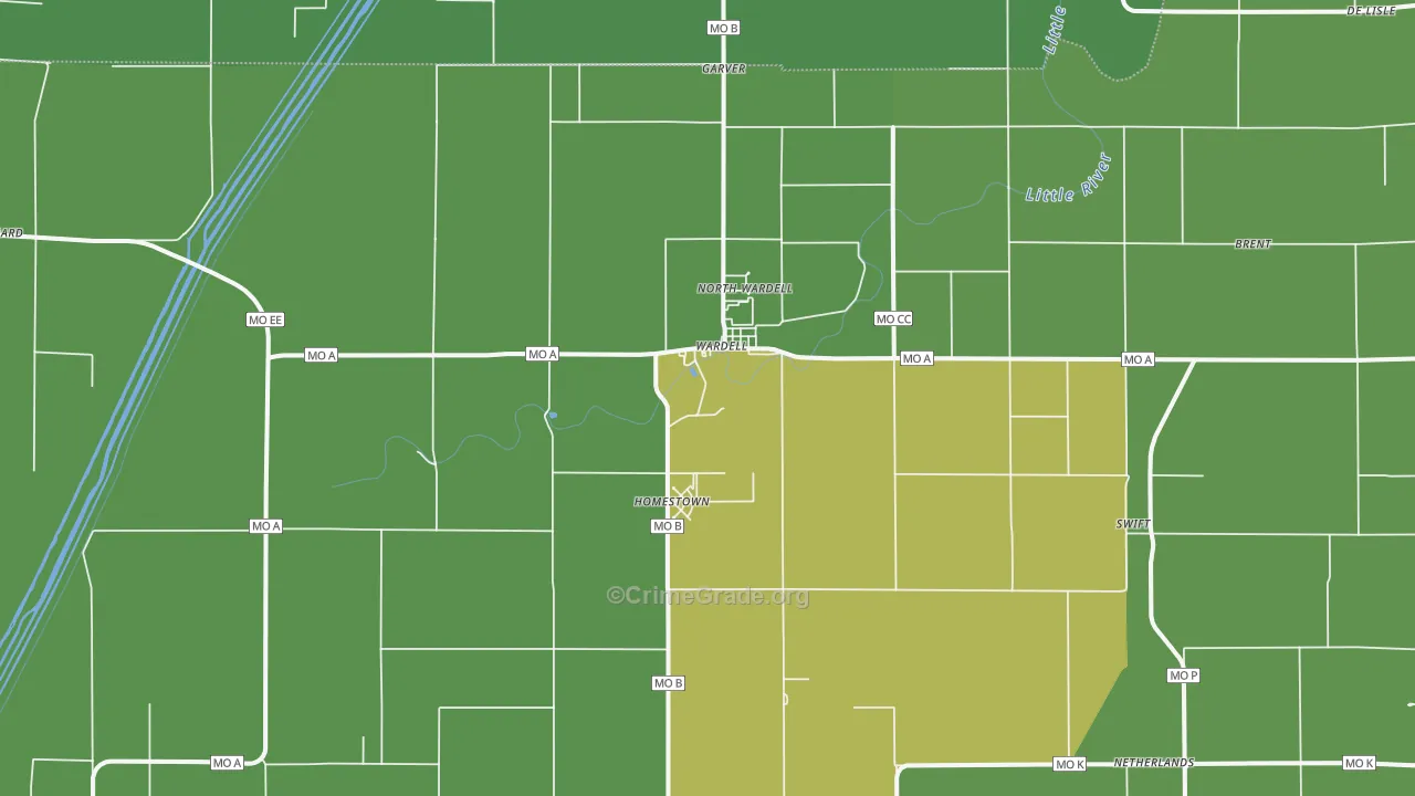 Wardell, MO Map of Vehicle Theft Rates