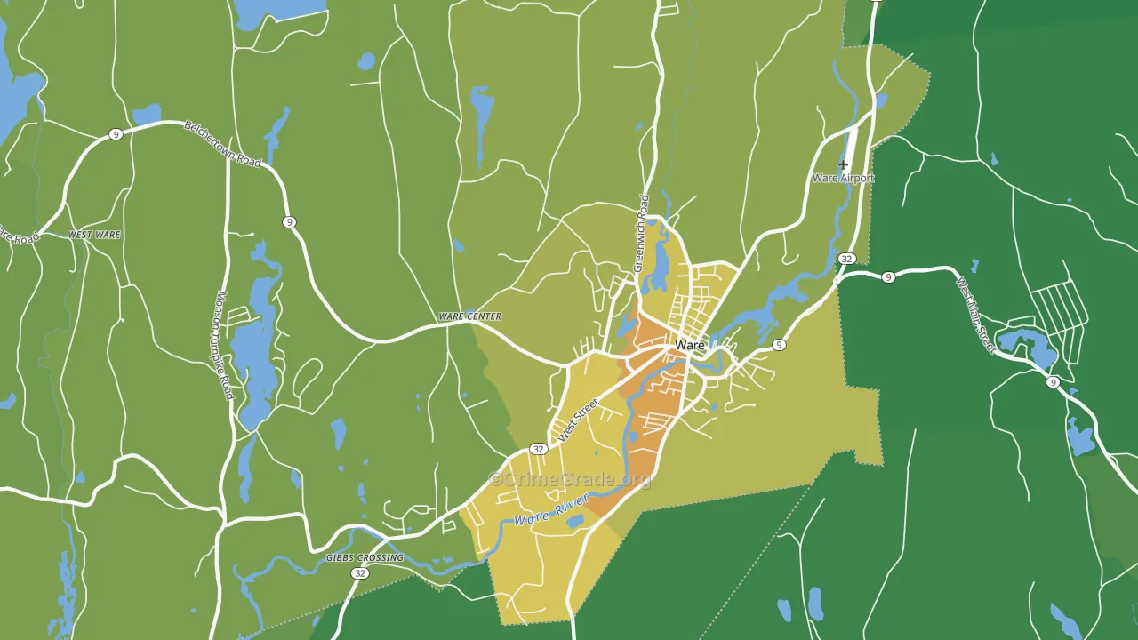 Ware, MA Map of Vehicle Theft Rates