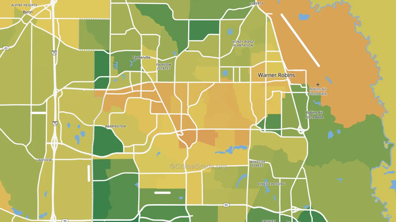 Warner Robins, GA Map of Vehicle Theft Rates
