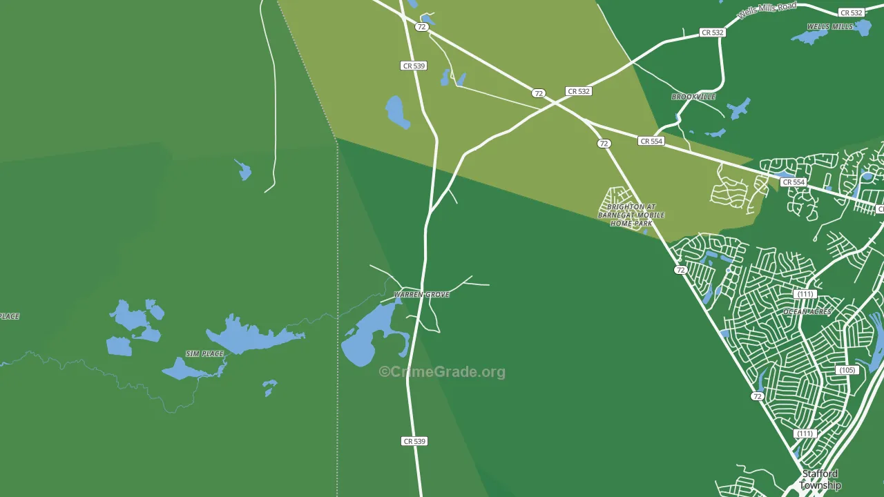 Warren Grove, NJ Map of Vehicle Theft Rates