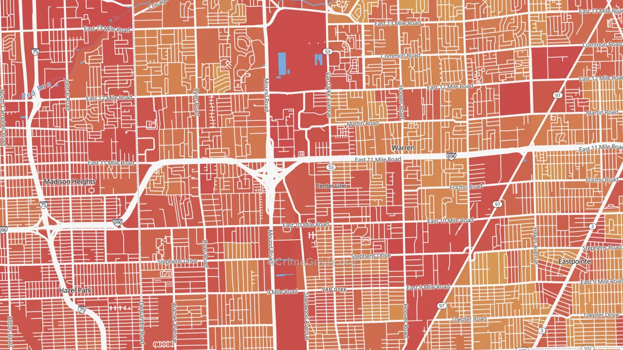 Warren, MI Map of Vehicle Theft Rates