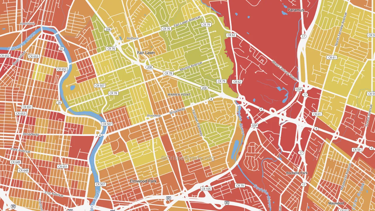 Warren Point, Fair Lawn, NJ Map of Vehicle Theft Rates