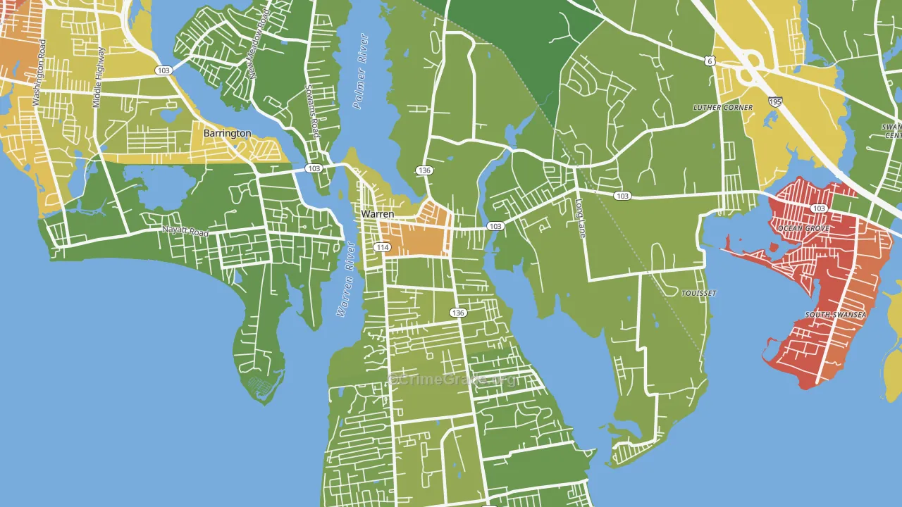 Warren, RI Map of Vehicle Theft Rates
