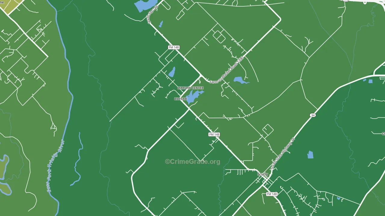 Warsaw, TX Map of Vehicle Theft Rates
