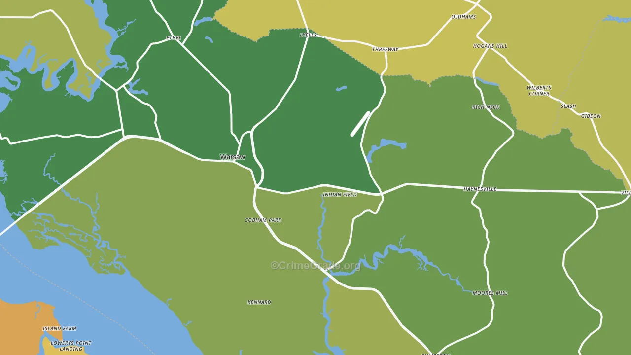 Warsaw, VA Map of Vehicle Theft Rates