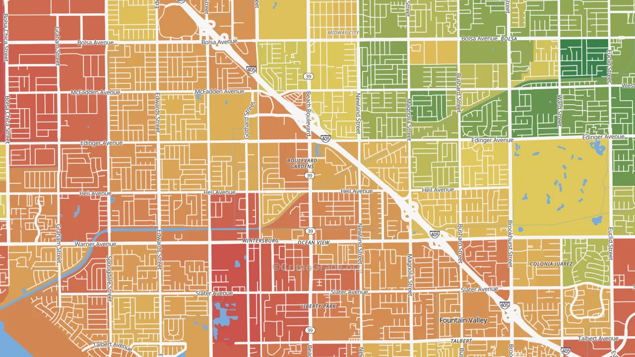 Washington, Huntington Beach, CA Map of Vehicle Theft Rates