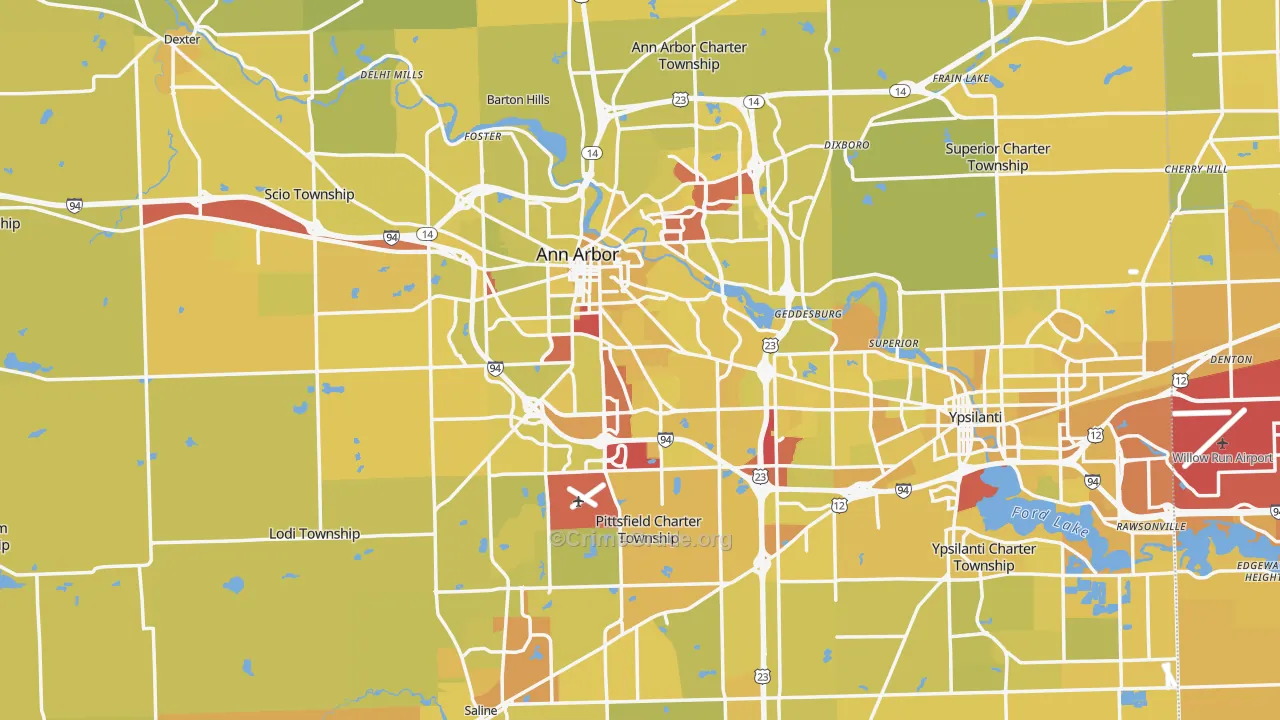 Washtenaw County, MI Map of Vehicle Theft Rates