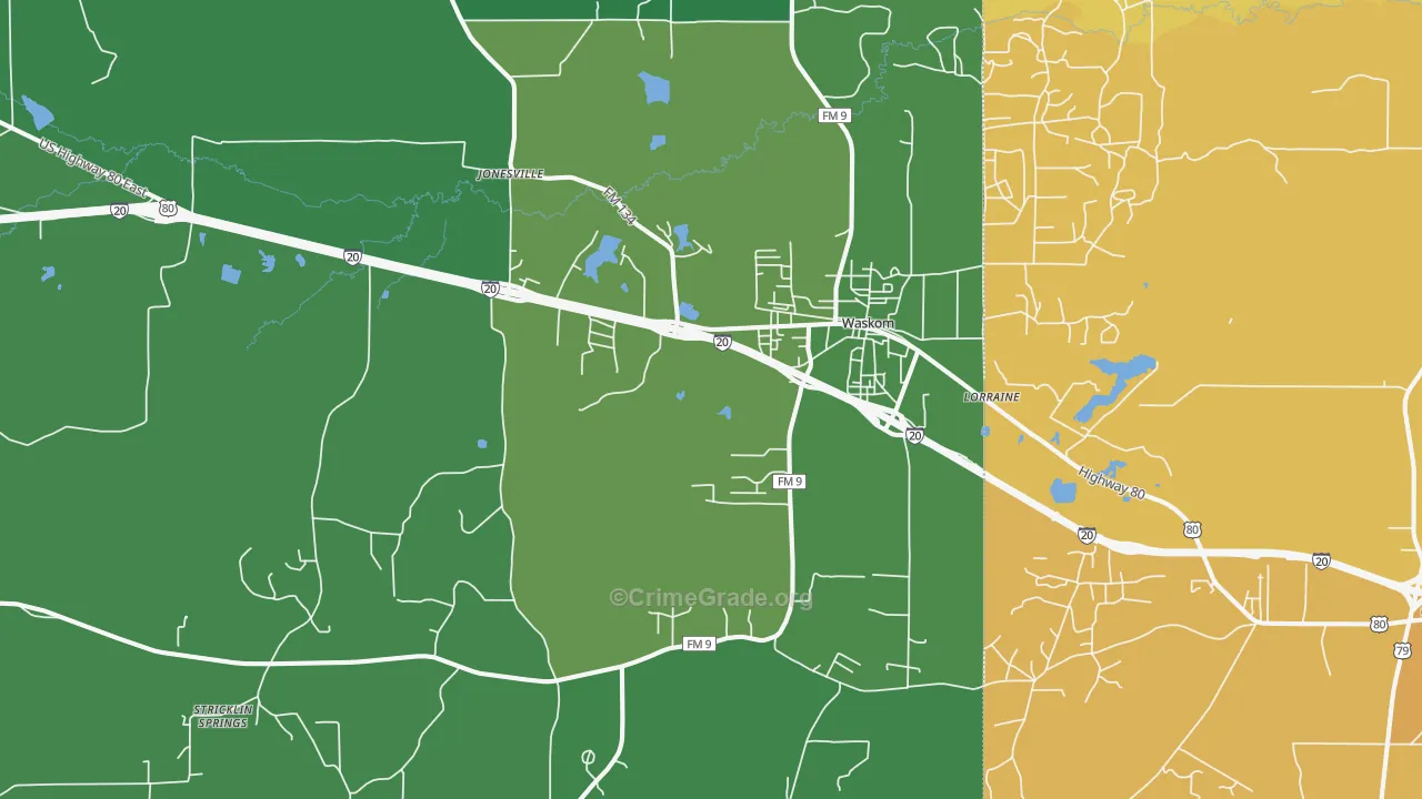 Waskom, TX Map of Vehicle Theft Rates