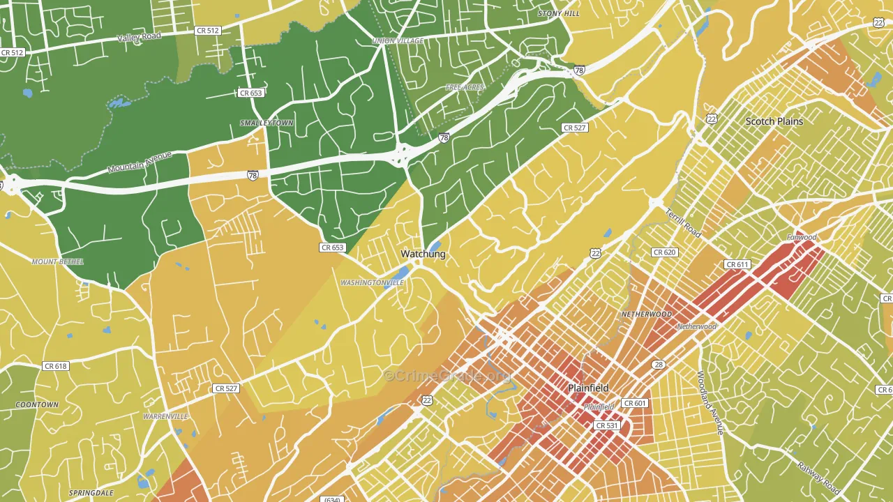 Watchung, NJ Map of Vehicle Theft Rates