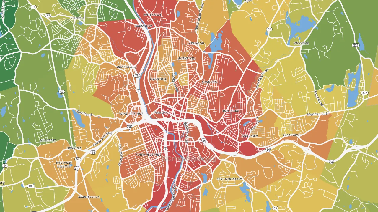 Waterbury, CT Map of Vehicle Theft Rates
