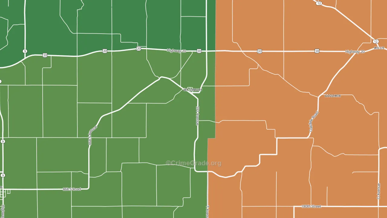 Waterbury, NE Map of Vehicle Theft Rates
