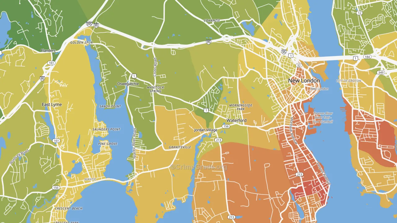 Waterford, CT Map of Vehicle Theft Rates