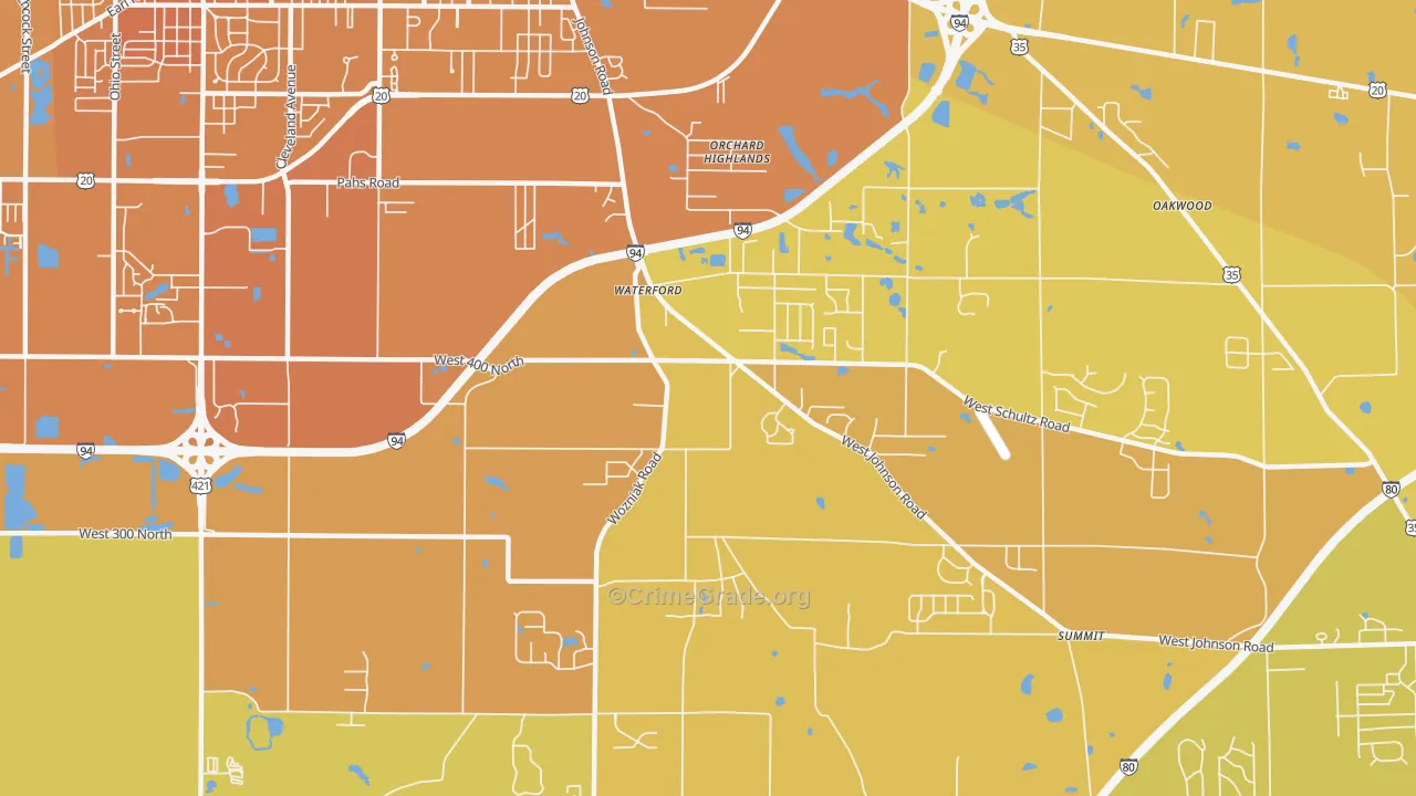 Waterford, IN Map of Vehicle Theft Rates