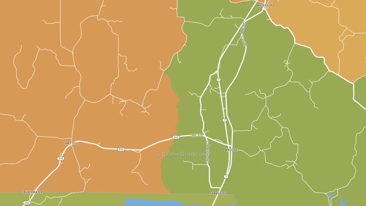 Waterford, MS Map of Vehicle Theft Rates