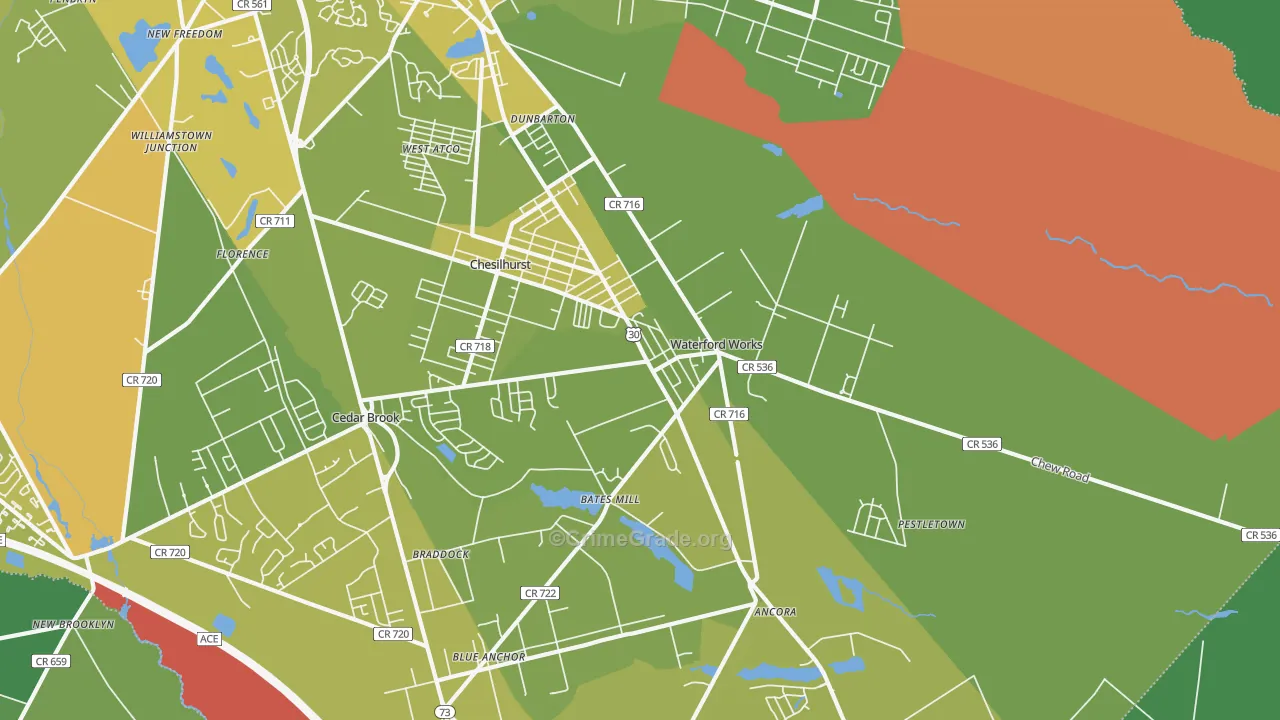 Waterford Works, NJ Map of Vehicle Theft Rates
