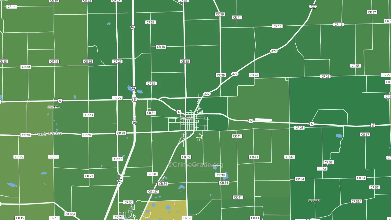 Waterloo, IN Map of Vehicle Theft Rates