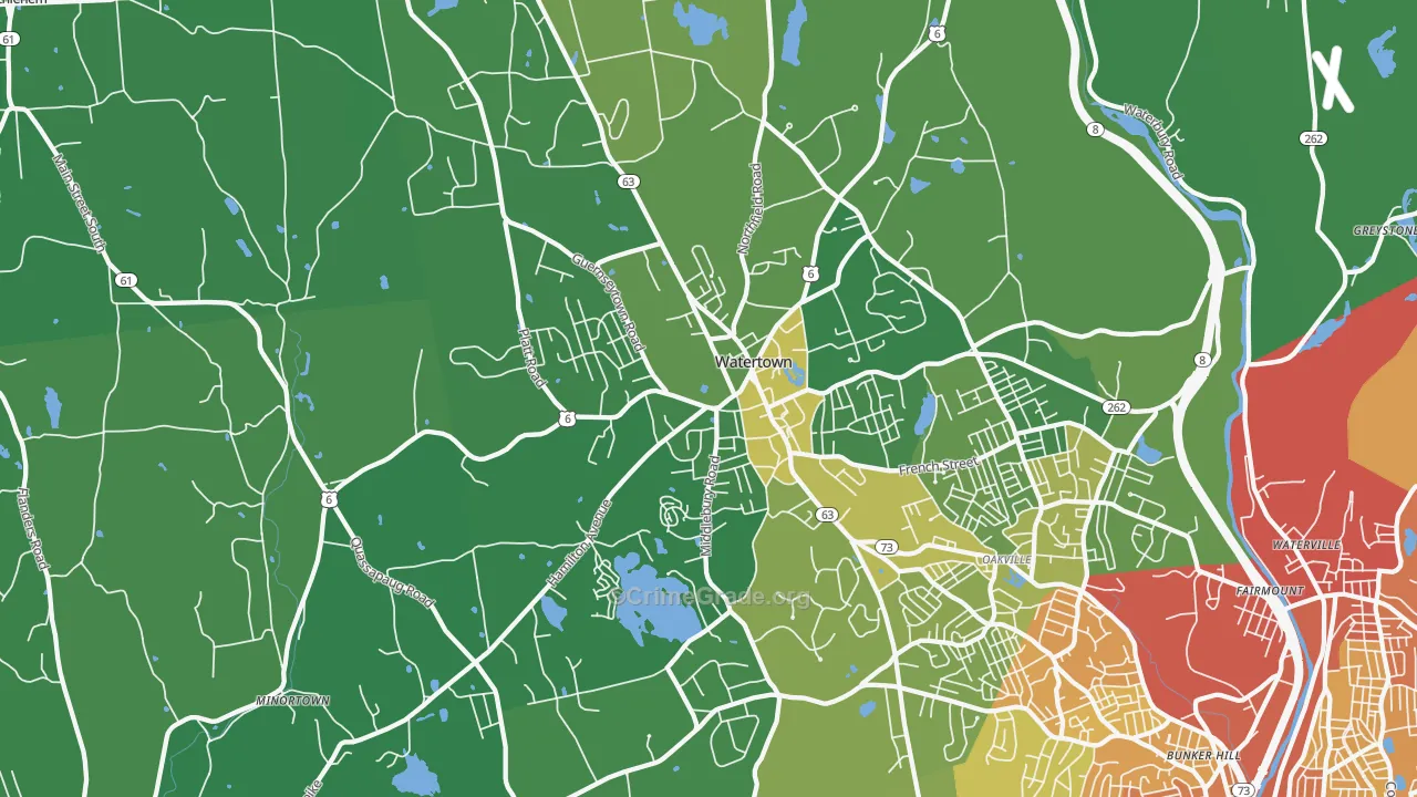 Watertown, CT Map of Vehicle Theft Rates