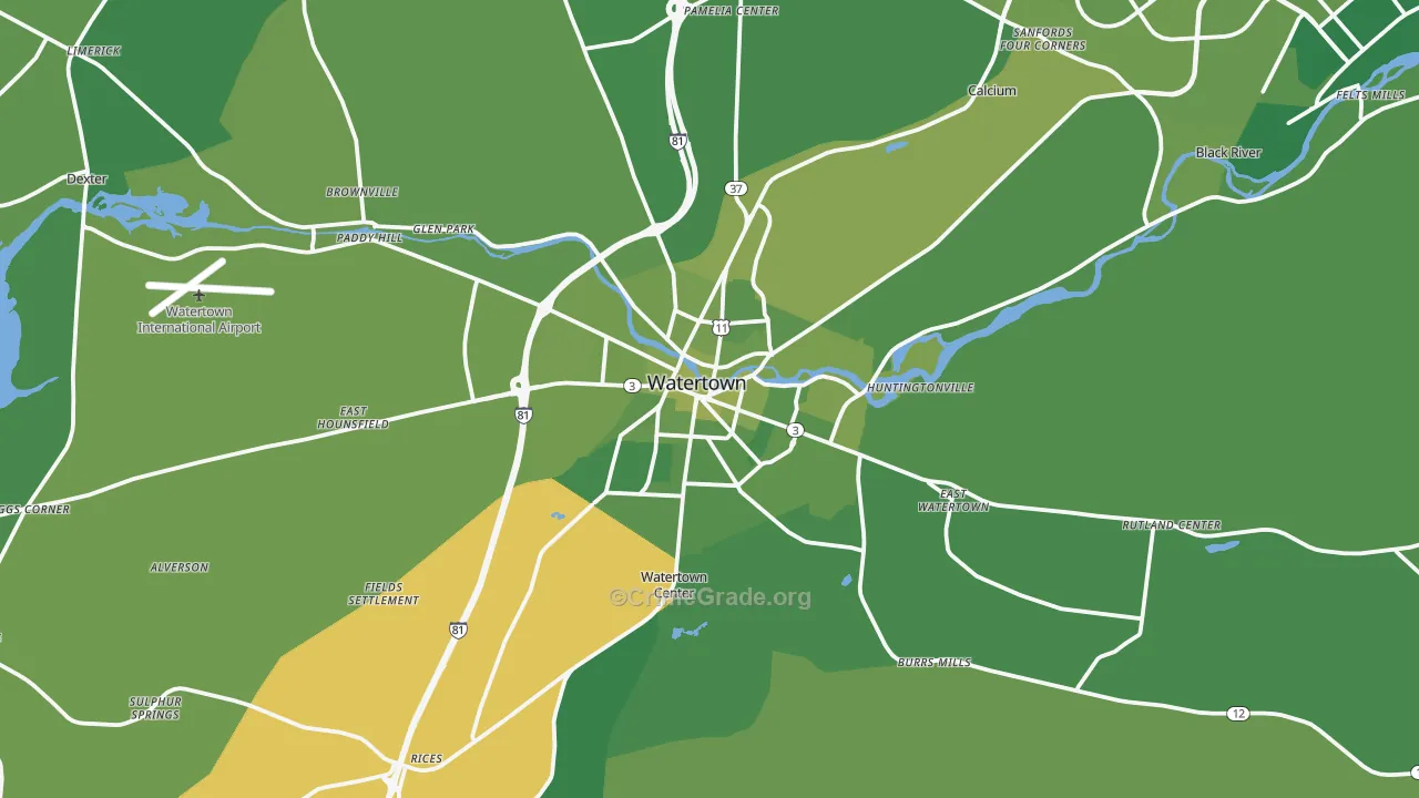 Watertown, NY Map of Vehicle Theft Rates