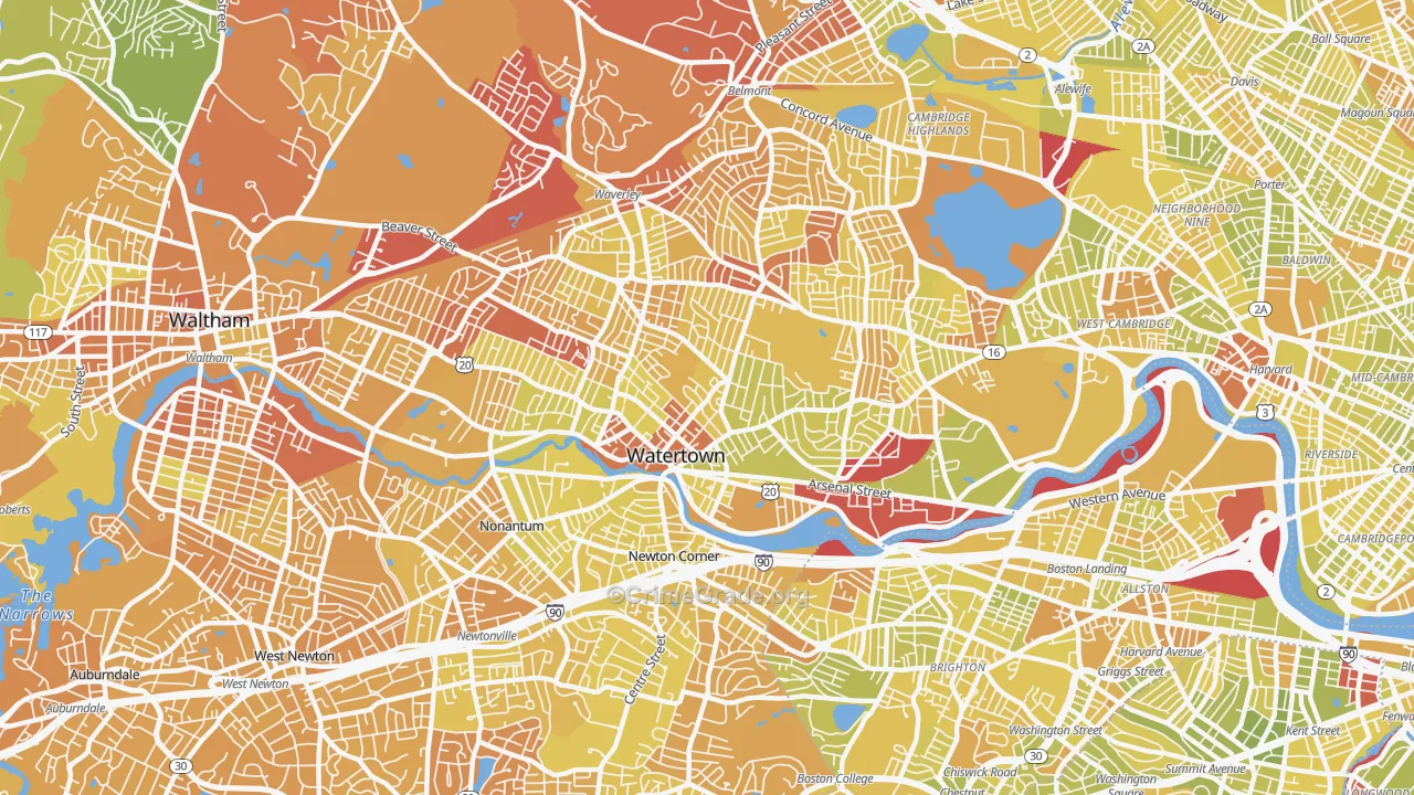 Watertown Town, MA Map of Vehicle Theft Rates