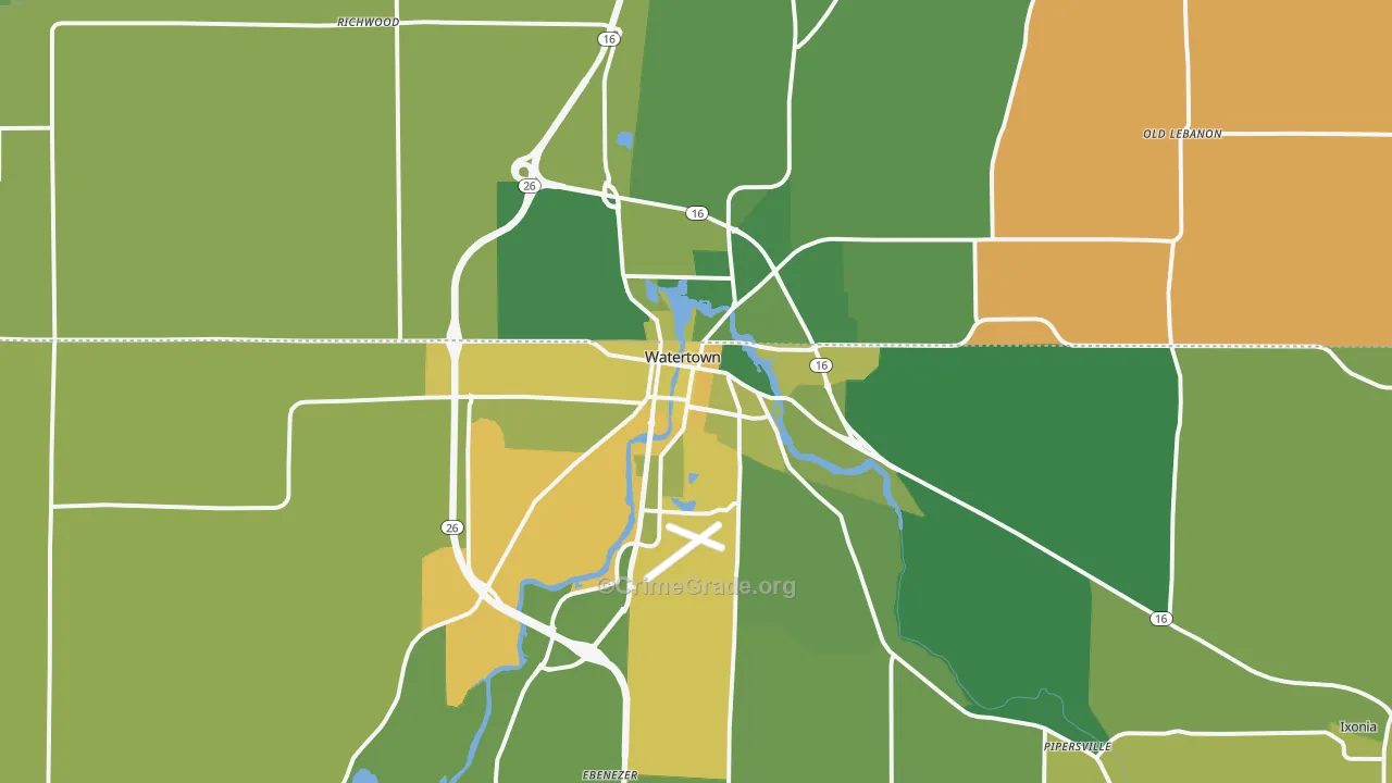 Watertown, WI Map of Vehicle Theft Rates