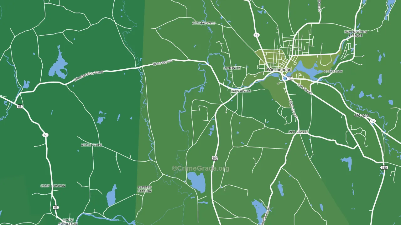 Waterville, MA Map of Vehicle Theft Rates