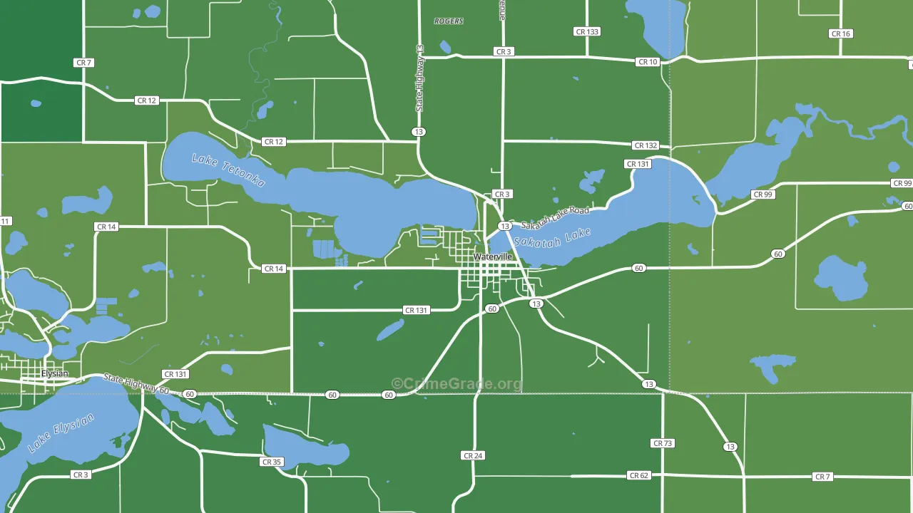 Waterville, MN Map of Vehicle Theft Rates
