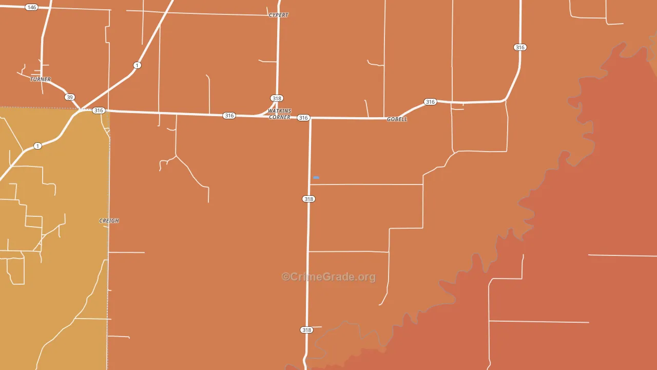 Watkins Corner, AR Map of Vehicle Theft Rates