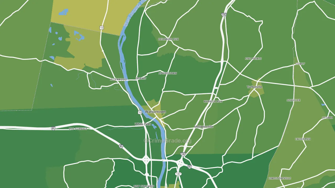 Watsontown, PA Map of Vehicle Theft Rates