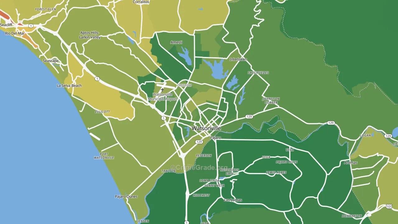 Watsonville, CA Map of Vehicle Theft Rates