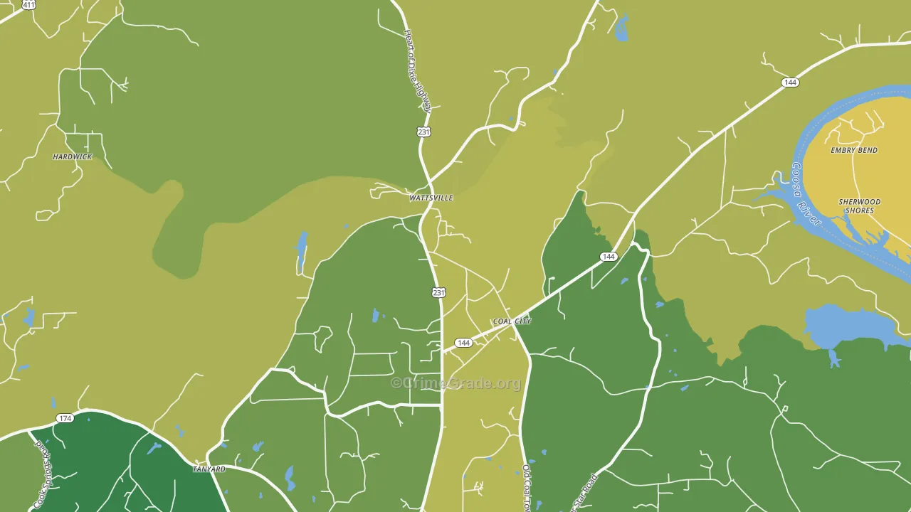 Wattsville, AL Map of Vehicle Theft Rates
