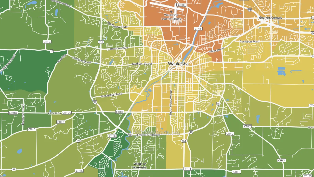Waukesha, WI Map of Vehicle Theft Rates
