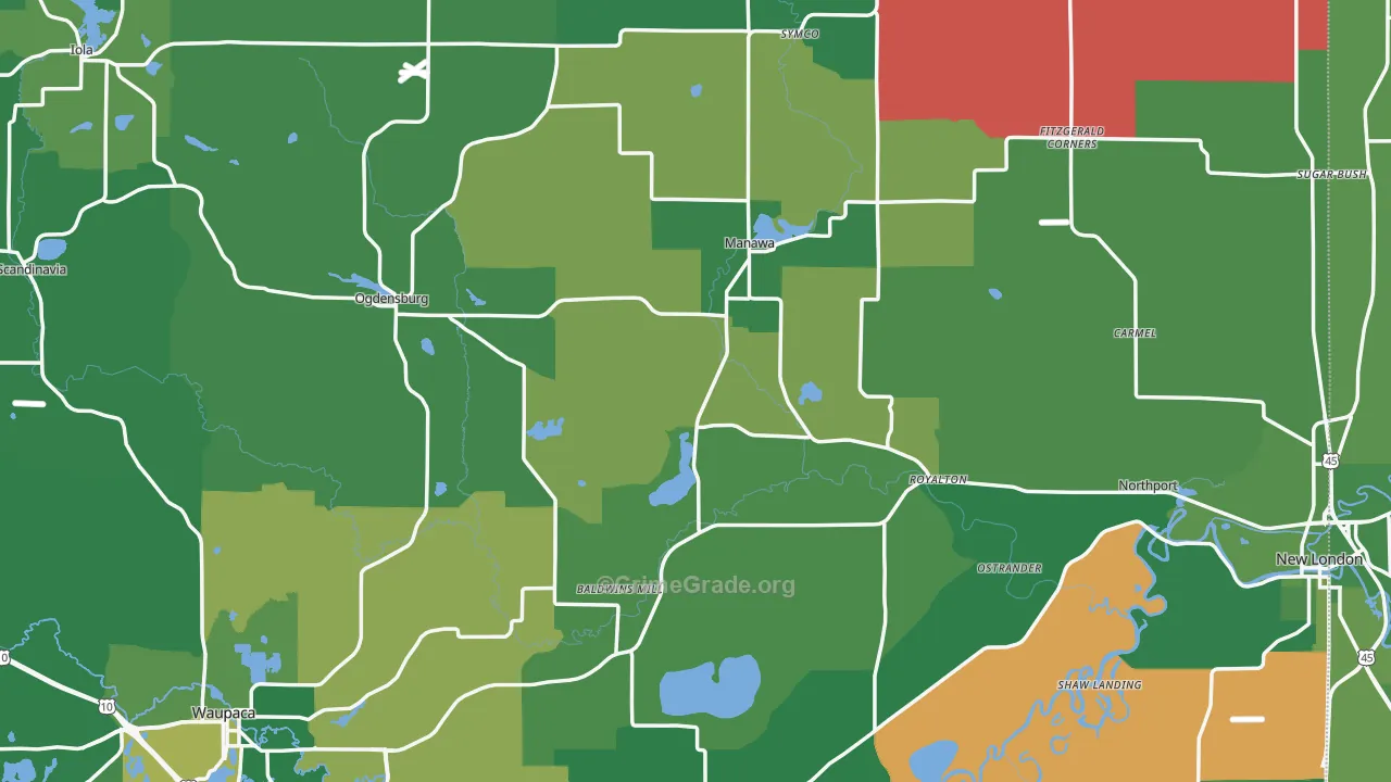 Waupaca County, WI Map of Vehicle Theft Rates