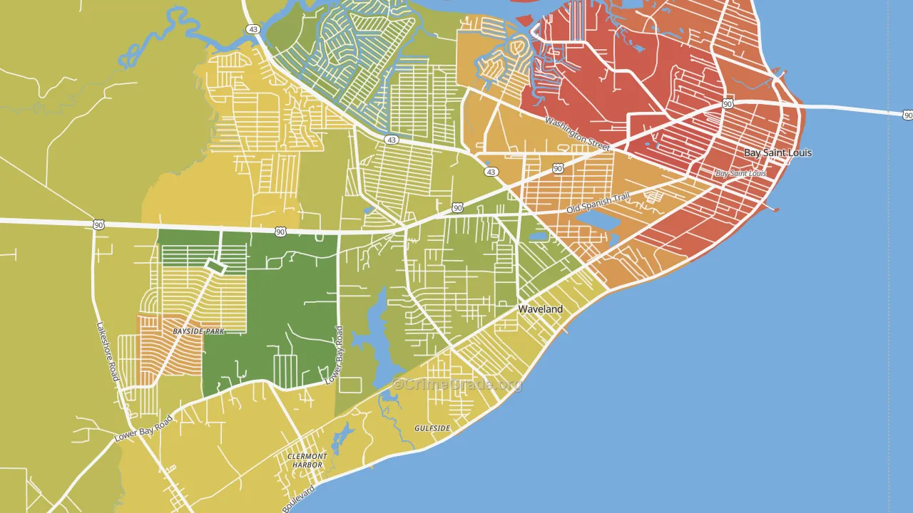 Waveland, MS Map of Vehicle Theft Rates