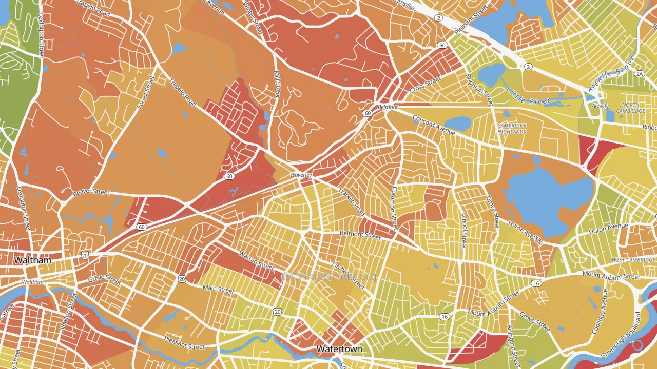 Waverley Square, Belmont, MA Map of Vehicle Theft Rates
