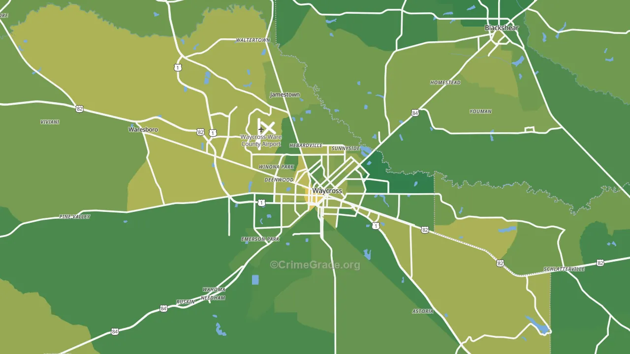 Waycross, GA Map of Vehicle Theft Rates